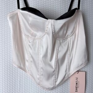 Sheinbae Corset Top Women XS Cream Black Trim Satin Bustier Sweetheart Hook Eye